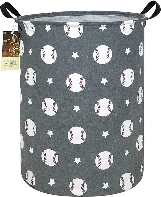 HUNRUNG Laundry Hamper,Large Canvas Fabric Lightweight Storage Basket Toy Organizer Dirty Clothes Collapsible Waterproof for College Dorms, Children Bedroom,Bathroomï¼Round-Grey Baseballï¼