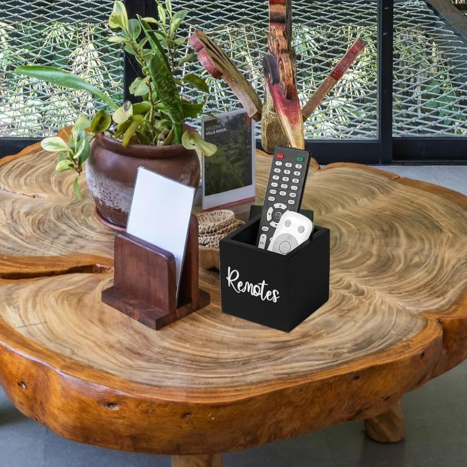 Wood Remote Control Holder, TV Remote Control Organizer for Home Bedroom Table, Multi-Purpose Desktop Storage (Black, S,for 2 or 3 Remote Controls)