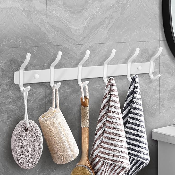 White Wall Hooks Heavy Duty, 17 Inch Coat Hooks Wall Mount with 6 Hooks, Wall Hooks Hangers for Entryway, Bathroom - for Hanging Backpack, Bag, Coat, Purse, Hat, Towel, Clothes