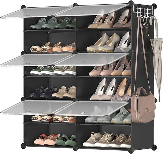 SONGMICS Shoe Rack Organizer, 6-Tier Shoe Storage Cabinet for Closet and Entryway, Holds 24 Pairs of Shoes, Adjustable, Ink Black and Trasparent ULPC033B01