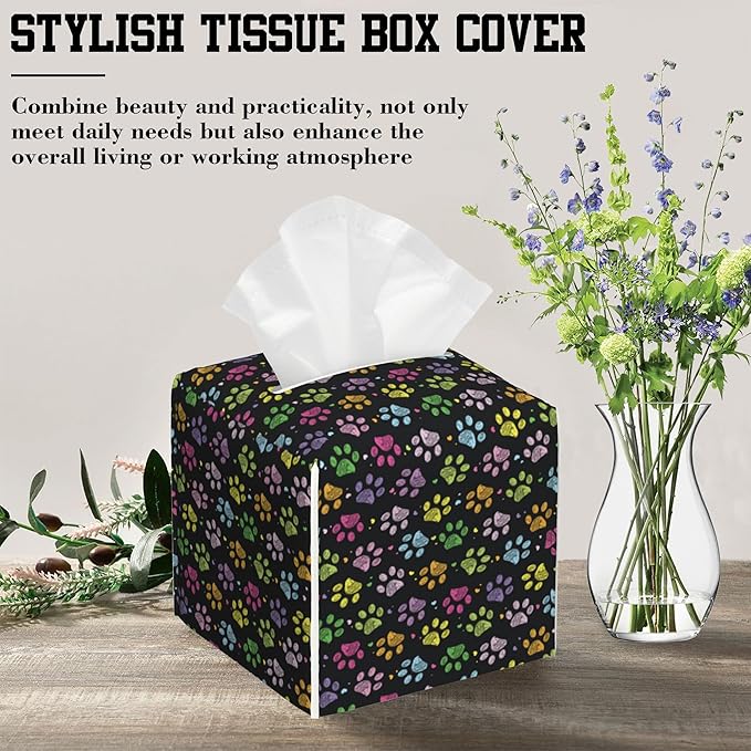 Tissue Box Holder Colorful Paw Prints Square Leather Tissue Box Cover Modern Cube Facial Paper Cover Case for Bathroom Vanity Countertop Night Stands Tabletop