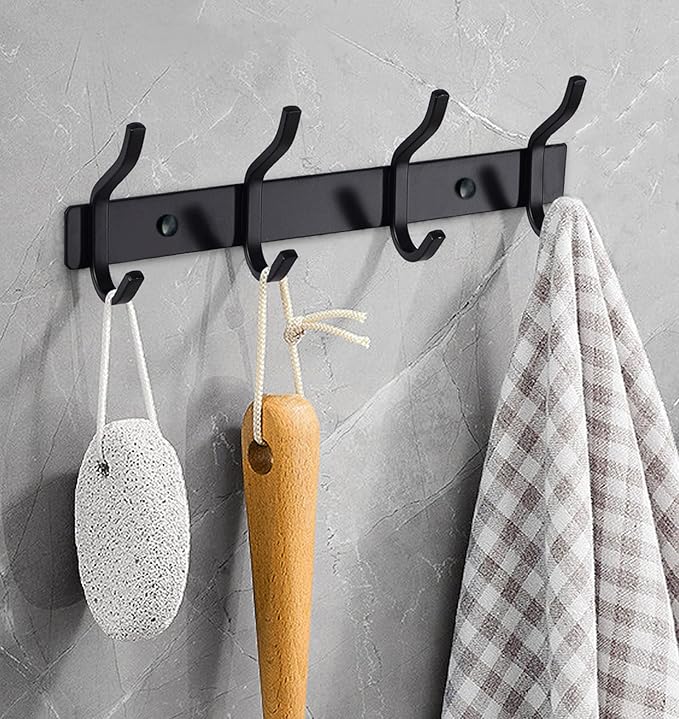 Black Wall Hooks, 12 Inch Coat Rack Wall Mount with 4 Hooks, Wall Hooks for Hanging Backpack, Bag, Purse, Clothes, Hat, Coat, Towel | Entryway & Bathroom Storage Organization Hanger