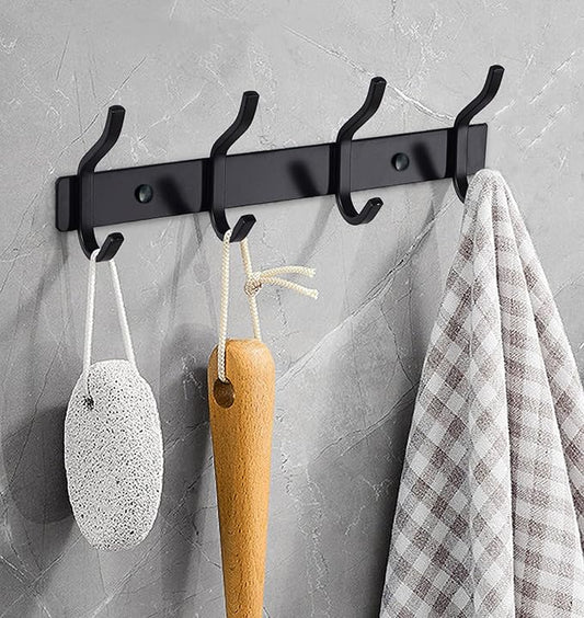Black Wall Hooks, 12 Inch Coat Rack Wall Mount with 4 Hooks, Wall Hooks for Hanging Backpack, Bag, Purse, Clothes, Hat, Coat, Towel | Entryway & Bathroom Storage Organization Hanger