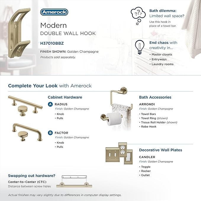 Amerock H37010BBZ | Avid Double Prong Decorative Wall Hook | Golden Champagne Hook for Coats, Hats, Backpacks, Bags | Hooks for Bathroom, Bedroom, Closet, Entryway, Laundry Room, Office