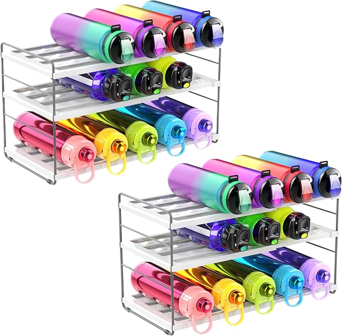 YAN & HIN Water Bottle Organizer for Cabinet, 3-Tier Expandable Bottle Storage Rack, Adjustable Height Holds 15 Bottles, Tumbler & Baby Bottle Organizer for Kitchen Pantry Counter (2 Pack)