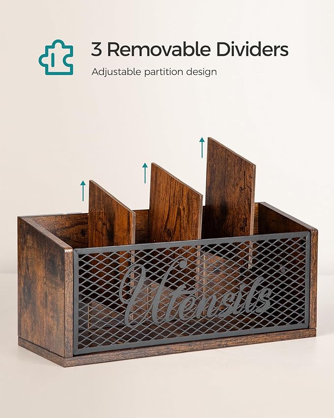 Extra Large Kitchen Utensil Holder with 4 Compartments, Wooden Cooking Utensil Holder for Counter, Farmhouse Utensil Organizer for Countertop, Spatula Holder, Rustic Kitchen Decor, Brown