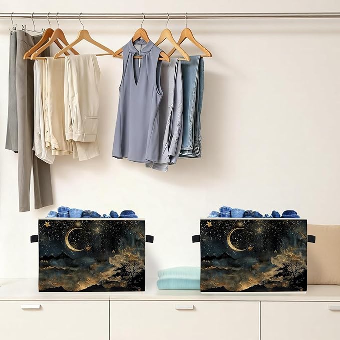 Mystical Crescent Moon Star Celestial Storage Box Bins, Moody Starry Night Sky Collapsible Storage Basket Organizer for Bedroom Laundry Room Home Clothes Toys Books, Toybox for Kids