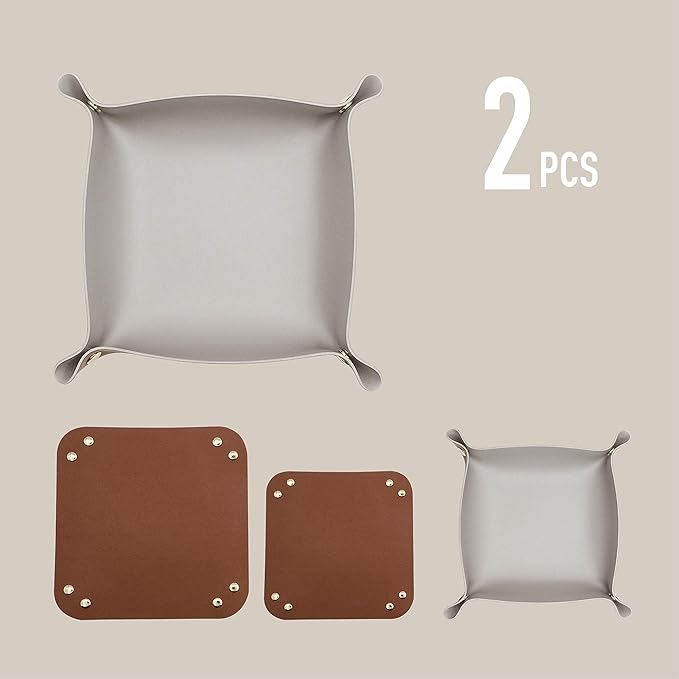 2 Size Leather Valet Tray Organizer, Folding Travel Organizer, Jewelry Tray, For Travel, Home Or Office | Plain Weave, Double Complexion - Brown & Grey