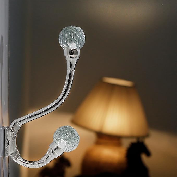 Indian Shelf Pack of 6 Heavy Duty Double Prong Crystal Decorative Coat Hooks Unique Clear Coat Rack Wall Mount Glass Wall Hooks for Hanging Towel Holder Backpack Purse Hanger- Style 21