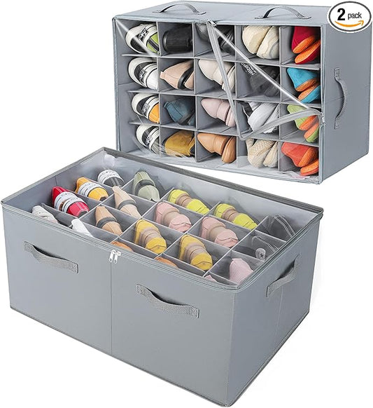 Shoe Organizer for Closet 2 Pack, Foldable Shoe Box with Adjustable Dividers and Clear Cover, Space Saving Shoe Storage Organizer Cabinet with Reinforced Handles, Fits 40 Pairs, Gray, TP11G