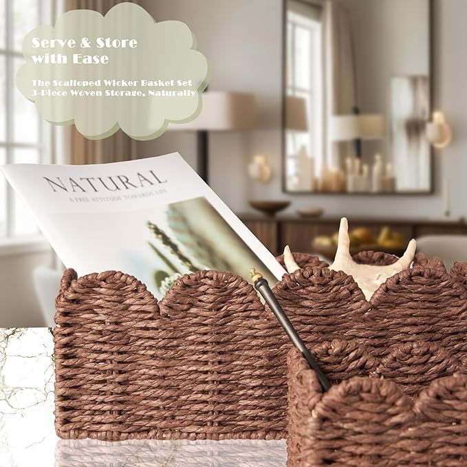 Scalloped Wicker Baskets, Set of 3 Hand-Woven Storage Baskets with Handles - Paper Rope Shelf Organizers & Decorative Baskets for Shelves, Closet, Bathroom (Brownï¼