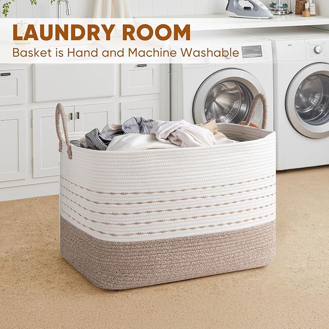 XXL Large Blanket Basket for Living Room, 108L Woven Storage Baskets for Organizing, Rectangle Cotton Rope Basket Toy Chest With Handles--Brown & White