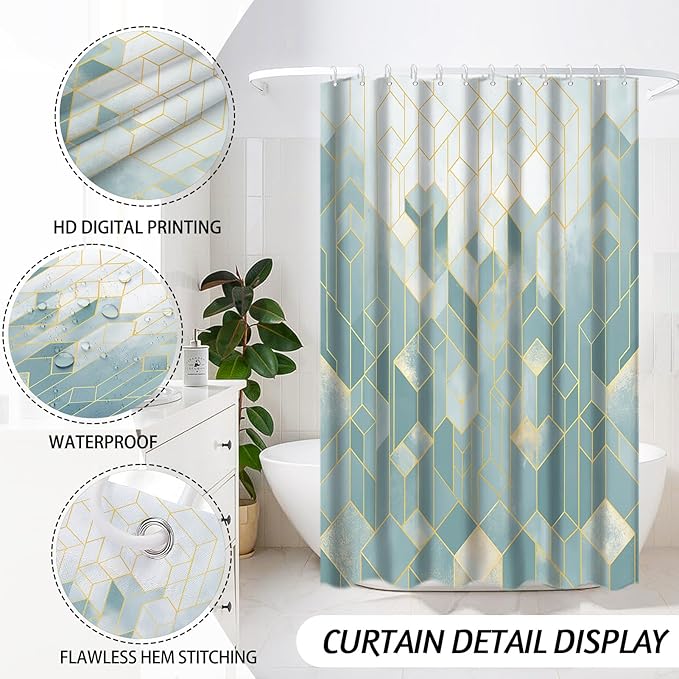 Lnond Blue Green Bathroom Set, Blue Green Abstract Cubes Bathroom Accessories Sets Complete, Luxury Restroom Set with Shower Curtain and Rugs, Trash Can, Toilet Brush Holder Set & Soap Dispenser