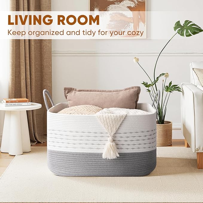 Large Blanket Basket for Living Room, 75L Woven Storage Baskets for Organizing, Rectangle Cotton Rope Toy Basket With Handles-Grey & White