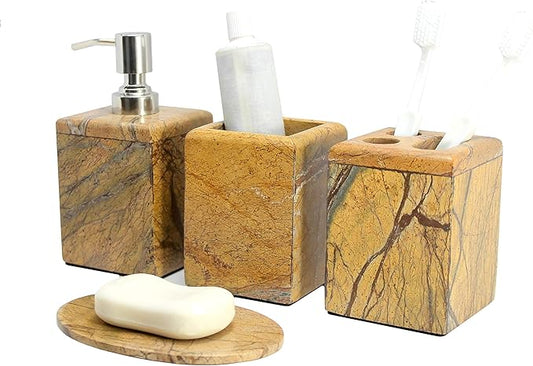 Bathroom Accessory Set Made from Natural Stone - Bath Accessories Set of 4 Includes Soap Dispenser, Toothbrush Holder, Tumbler and Soap Dish (Brown)