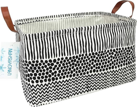 LANGYASHAN Rectangular Storage Bin Collapse Canvas Fabric Cartoon Storage Basket with Handles for Organizing Home Kitchen Boys and Girls Toys Office Closet Shelf Baskets (Rec Black line)