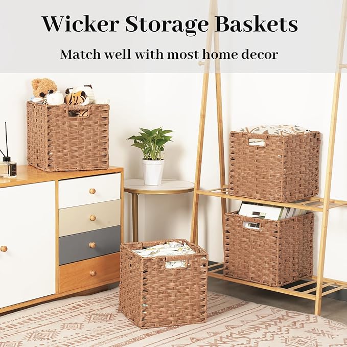 DULLEMELO Wicker Storage Cubes - Foldable Wicker Baskets Set of 4, 11x11x11 inch for Organizing Closet, Clothes, Toys - Brown