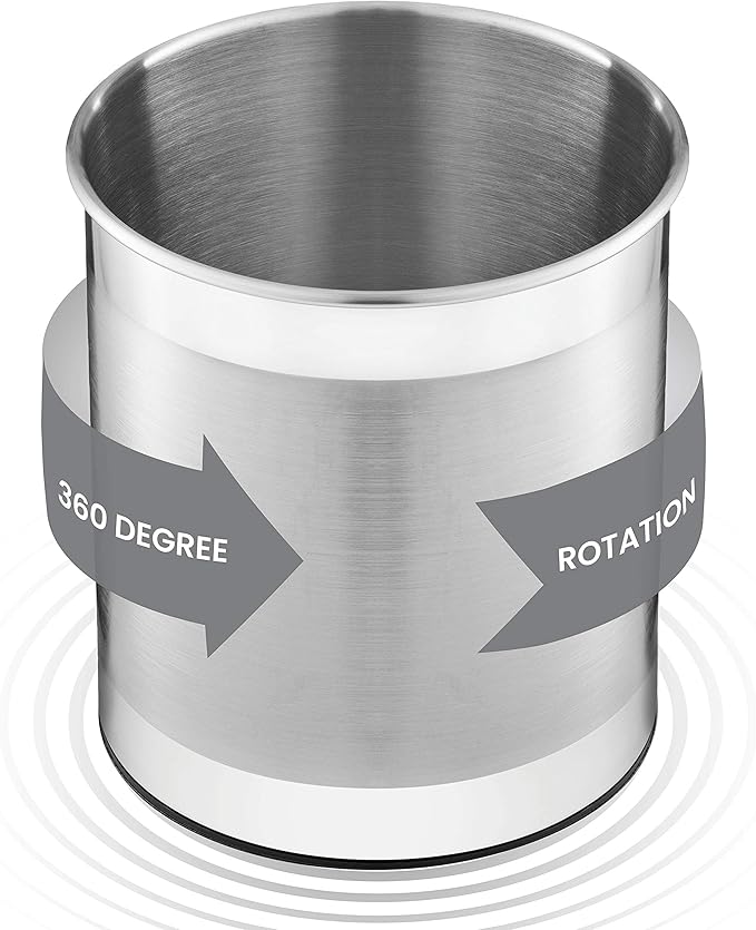 FineDine Rotating Kitchen Utensil Holder for Kitchen Counter - With Weighted Base for Stability, Stainless Steel Cooking Utensil Holder with Removable Divider, Brushed Stainless Steel
