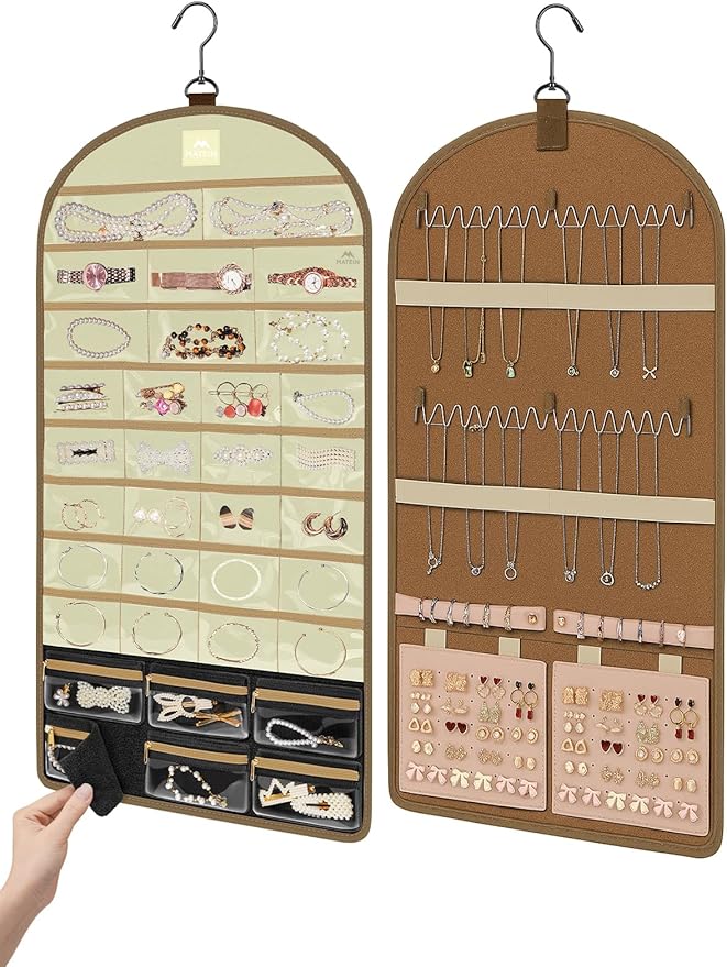MATEIN Over the Door Jewelry Organizer with Travel Pouch, Double-Sided Hanging Necklace Earring Holder with Pockets, Large Jewelry Storage for Rings Bracelets, Valentines Gifts for Her, Beige-Brown