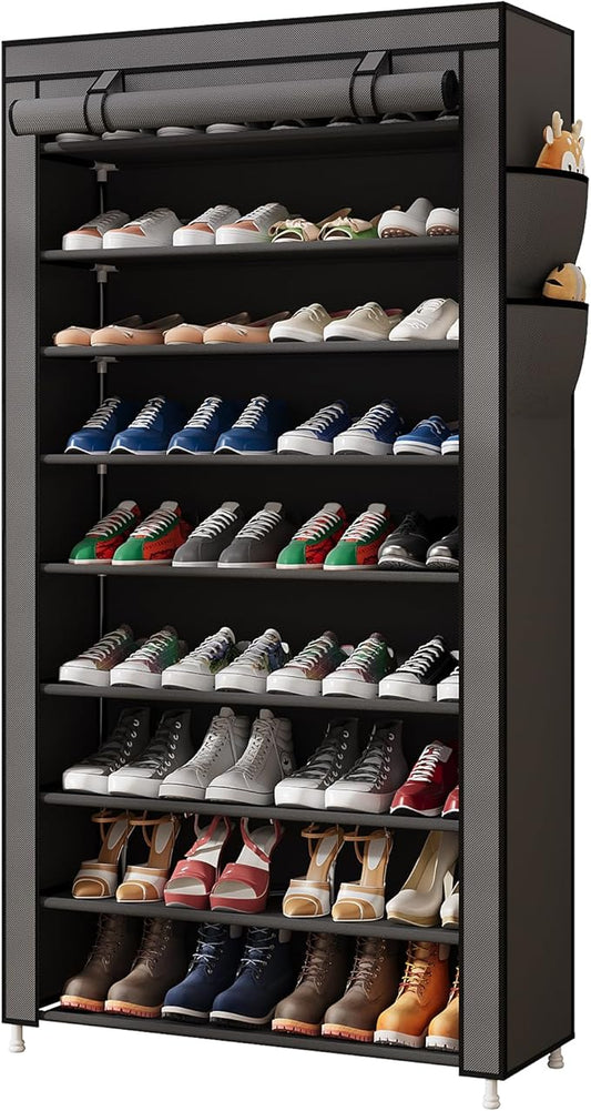 Laiensia 9-Tier Vertical Shoe Rack Organizer, Space Saving Shoe Storage Organizer, Non-Woven Cover Shoe Shelf Holds 36-45Pairs for Bedroom, Hallway, Closet Entryway, Grey
