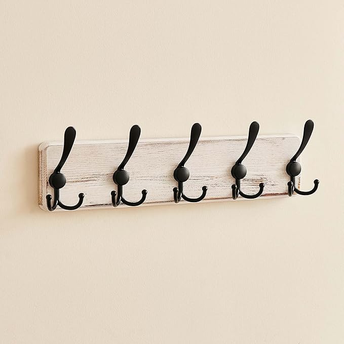 Rustic Wooden Coat Rack Wall Mount with 5 Hooks, Farmhouse Wood Coat Hanger Wall Mount Heavy Duty for Hanging Jacket Coat (White)