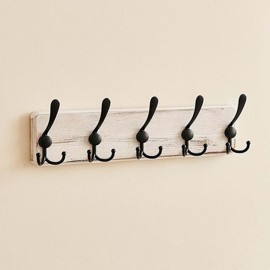 Rustic Wooden Coat Rack Wall Mount with 5 Hooks, Farmhouse Wood Coat Hanger Wall Mount Heavy Duty for Hanging Jacket Coat (White)