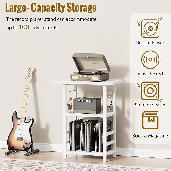 Record Player Stand with Extended Desktop,Large Record Player Table with Vinyl Storage,Turntable Stand with Record Holder Vinyls Display Shelf for Music Room Studio,White
