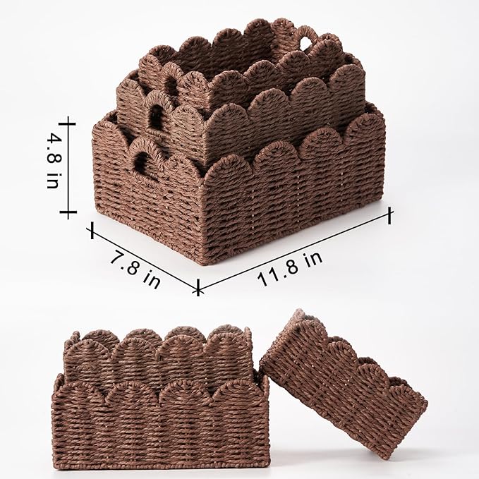 Scalloped Wicker Baskets, Set of 3 Hand-Woven Storage Baskets with Handles - Paper Rope Shelf Organizers & Decorative Baskets for Shelves, Closet, Bathroom (Brownï¼