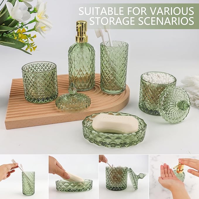 5Pcs Glass Bathroom Accessories Set,Green Vintage Bathroom Accessory Set, Bathroom Counter Sink Toothbrush Holder Set Includes Hand/Lotion Soap Dispenser & Tumbler & Soap Dish & Qtip Holders