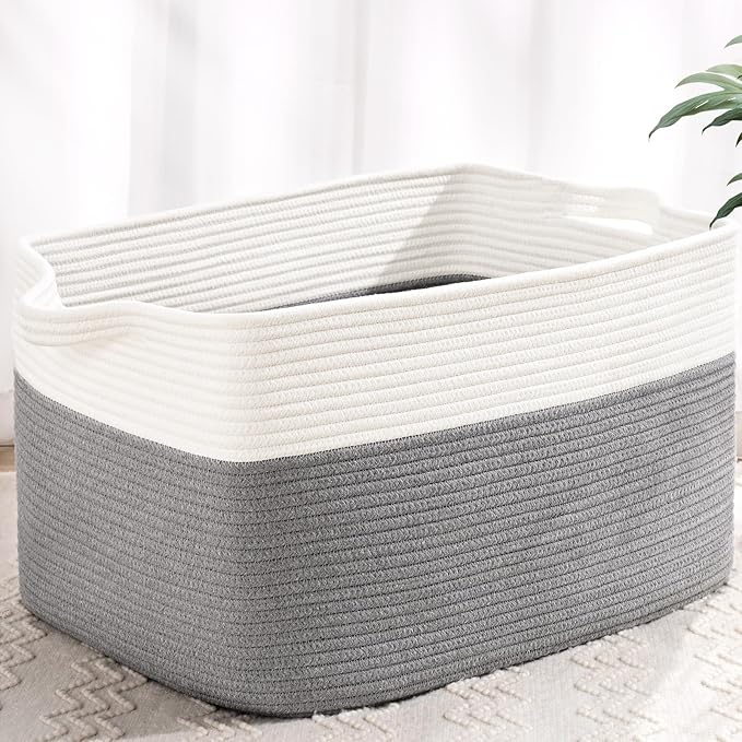 Large Blanket Basket, 60L Storage Baskets for Organizing, Woven Laundry Basket for Blankets, Cotton rope Blanket Storage for Living Room, Nursery Room, 19.7" L x 15.74" W x 11.8" H, Gray