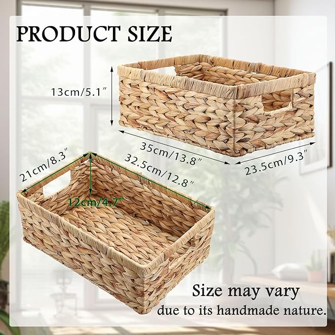 Wicker Basket for Shelf Woven Open Storage Bins with Built-in Handles Handwoven Water Hyacinth Storage Baskets Box for Living Room Bathroom Kitchen,13.8"L x 9.3"W x 5"H