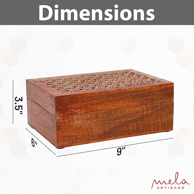 Mela Artisans Large Wooden Keepsake Box | Medium Polish Memory & Decorative Storage Box for Jewelry, Photos & Trinkets with Hinged Lid | vintage Storage Box | Trellis Design | 9 x 6 x 3.5