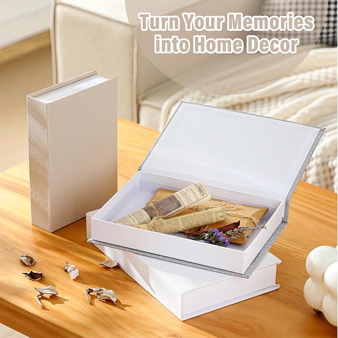 Tioncy 3 Pcs Fake Book Box Neutral Linen Book Box Decorative Faux Prop Storage for Farmhouse Home Decor shelf Table Card Photo DIY Keepsake Gift(Multi Sizes,Rice White, Light Grey and White)