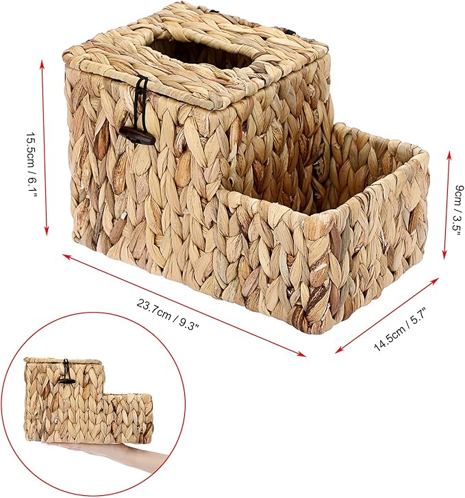 Sumnacon Square Woven Tissue Box Cover - Decorative Cube Wicker Tissue Box Holder with Side Organizer, Rustic Water Hyacinth Tissue Holder for Living Room Vanity Night Stand Table Countertop Office