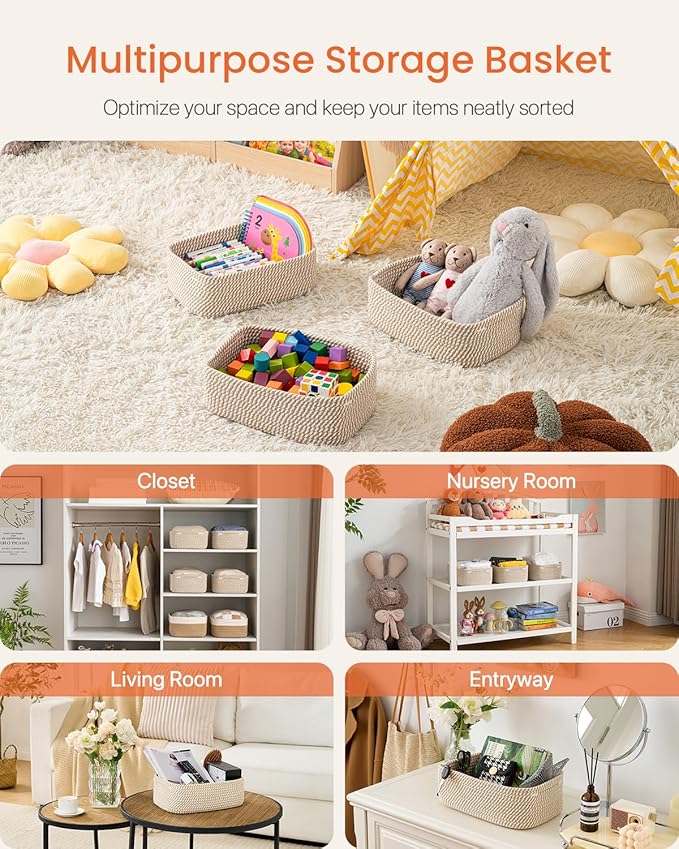 KALLAX Small Woven Basket, 12 x 8 x 4.5 Inches, Storage Basket for Organizing, Cute Small Rope Shelf Closet Cube Storage Bins Baskets for Shelves, Dog Toy Gift Baskets Empty, 3 Pack Brown