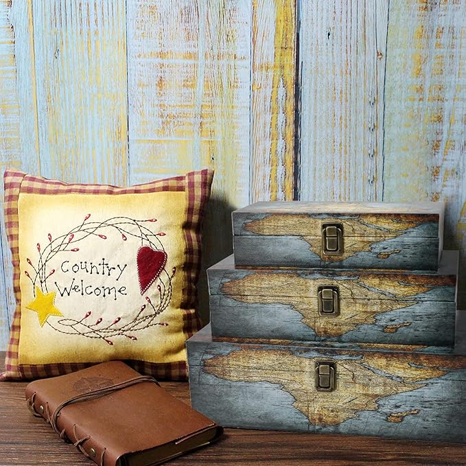 Jolitac Wood Storage Box Set of 3, Vintage Decorative Nesting Boxes Wooden Treasure Storage Crates With Latch, Home Decor Rustic Antique Boxes With Lid for Photos, Jewelry, Cash (Rectangle- Map)