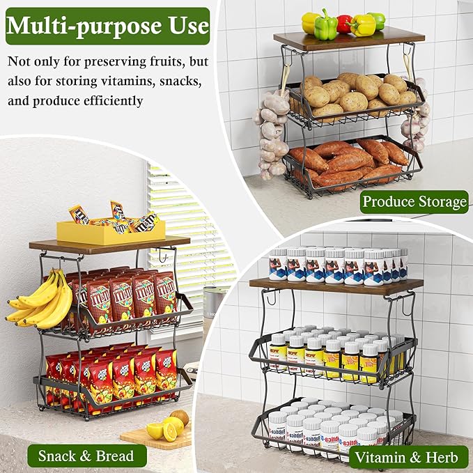 3-Tier Fruit Basket for Kitchen Counter with Banana Hangers, Countertop Organizer Fruit Bowls with Wood Top, Fruit Storage Basket Stand for Storage Potato Onion Bread Snack Fruit Veggie