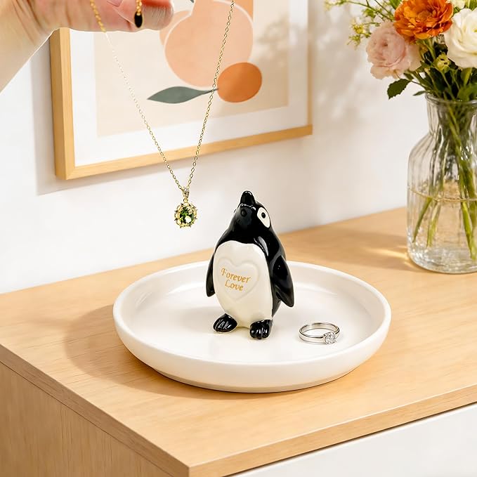 PUDDING CABIN Penguin Gifts for Women Ring Holder Dish Forever Love Jewelry Holder for Rings, Earrings, Necklaces - Engagement Anniversary Birthday Mothers Day Gift for Mom, Wife, Girlfriend