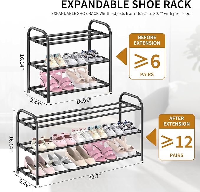 3-Tier Expandable Shoe Rack for Entryway，Adjustable Metal Shoe Organizer for Closet,Living Room,Dorm,Black