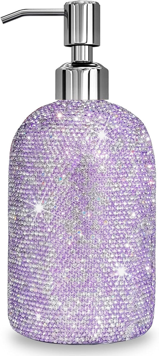 SlowVibes 18Oz Bling Purple Glass Soap Dispenser With Rust Proof Stainless Steel Pump,Refillable Liquid Hand Wash Bottle For Bathroom Kitchen,Sparkle Decorative Rhinestone Shower Lotion Dish Dispenser