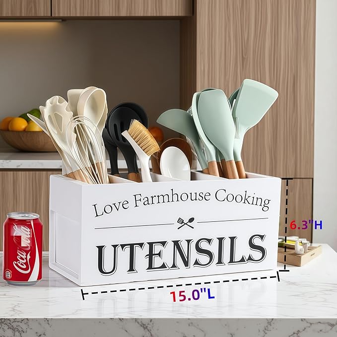 Utensil Holder,Extra Large Wooden Utensil Holder For Kitchen Counter,Cooking Spatula Organizer,Big Storage Caddy With 4 Compartments Flatware Spoon Tool Cutlery（White）