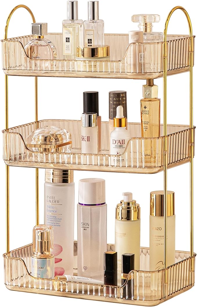 3 Tier Bathroom Organizer Countertop Makeup Perfume Tray Skincare Organizer for Bathroom Dresser Vanity (Gold)