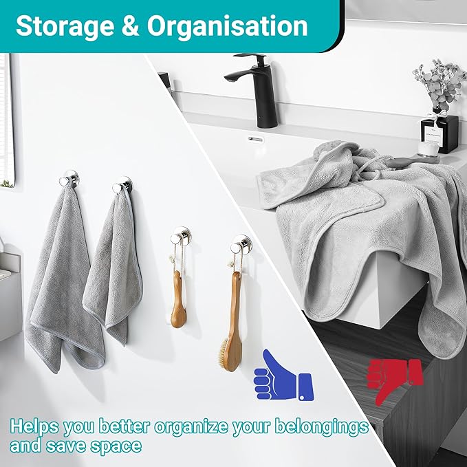 SAYAYO Self Adhesive Hooks for Hanging, Chrome Towel Hook for Bathrooms Coat Hooks Wall Mount, Stick on Hook SUS304 Stainless Steel, 4pcs
