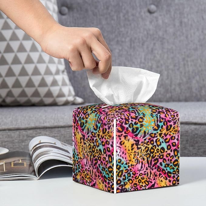 Rainbow Colored Leopard Tissue Box Cover Leather Tissue Box Holder Square Facial Paper Organizer Dispenser for Bathroom Kitchen Bedroom Vanity Countertop Night Stands