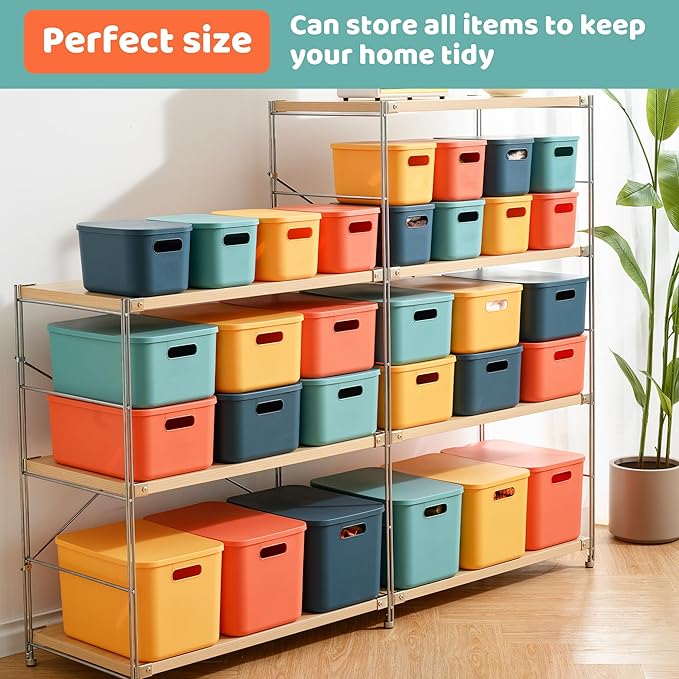 Plastic Storage Bins with Lid, Stackable Storage Containers for Organizing, Decorative Storage Baskets for Shelves Living Room Playroom Classroom Office (4 Large + 4 Small)