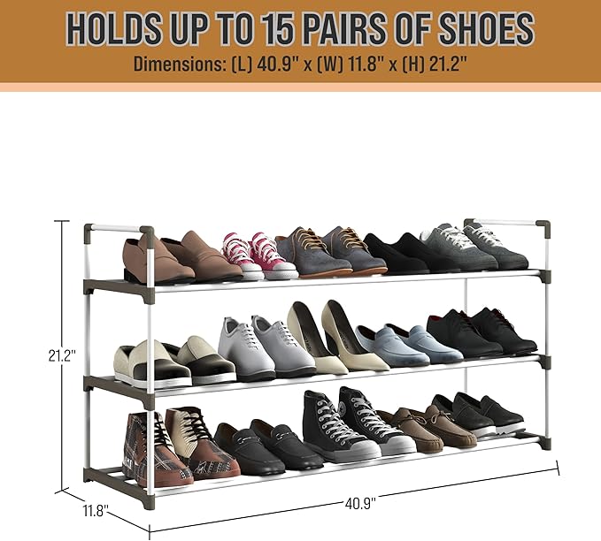Shoe Rack - 3-Tier Shoe Organizer for Closet, Bathroom, Entryway - Shelf Holds 15 Pairs Sneakers, Heels, Boots by Home-Complete (White)