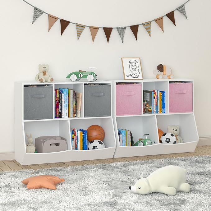 Kids Bookshelf, 5-Cubby Wood Toy Storage Cabinet with Two Drawers, Toy Storage Cubby, Toy Storage Organizer for Children's Room, Playroom, Hallway, Kindergarten, School, Grey