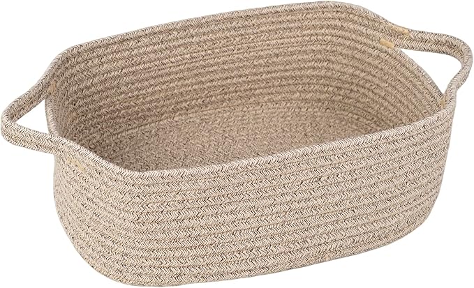 BOMINICA Cotton Rope Storage Basket with Handles, Natural Woven Basket, Decorative Rectangle Organizer Bin for Home, Nursery, Montessori, Pet Toy Storage and Bathroom Organization, LightBrown