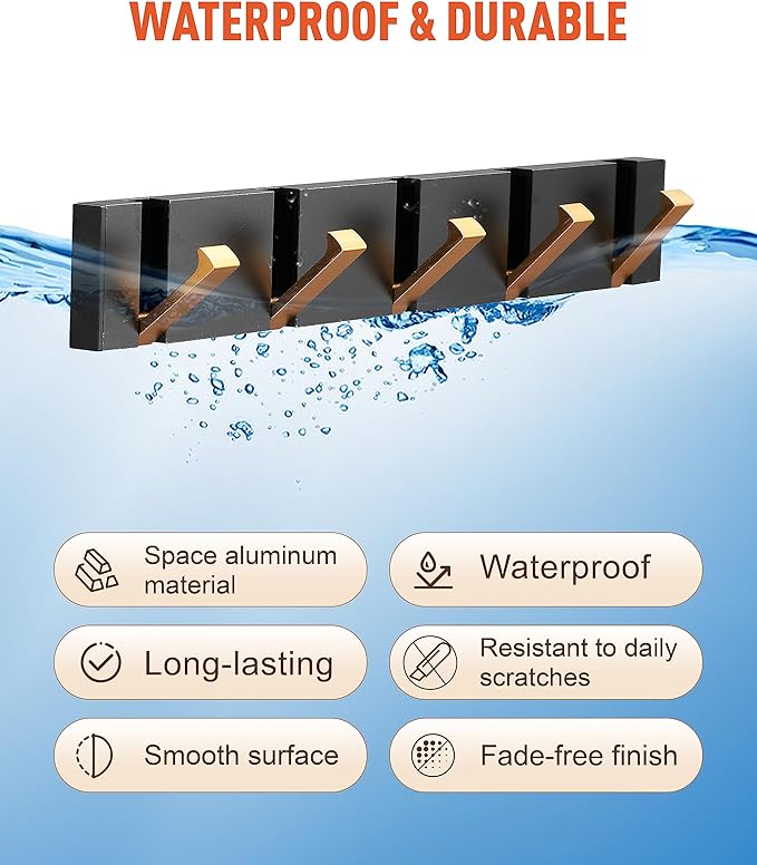Waterproof Black Gold Wall Hooks - 2 Pack Modern Foldable Towel Hooks for Bathrooms, Coat Hooks Wall Mounted - Stylish, Durable, and Easy to Install