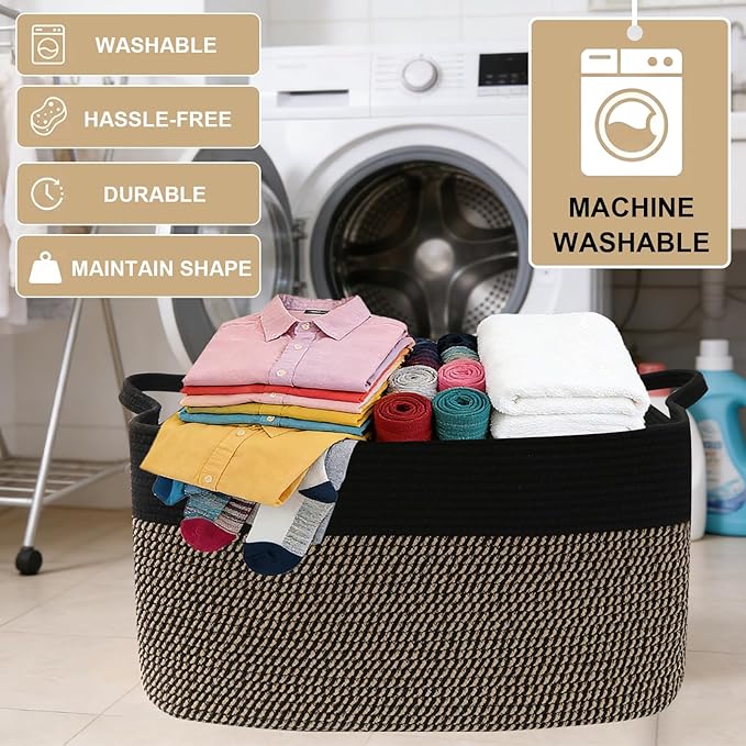 Magazine & Newspaper Baskets,65L Large Woven Rope Blanket Basket,21"x16"x12"Storage Bin with Handle,Toys Storage,Laundry Basket for Home Organization/Living Room/Nursery/Bedroom.Black&Jute